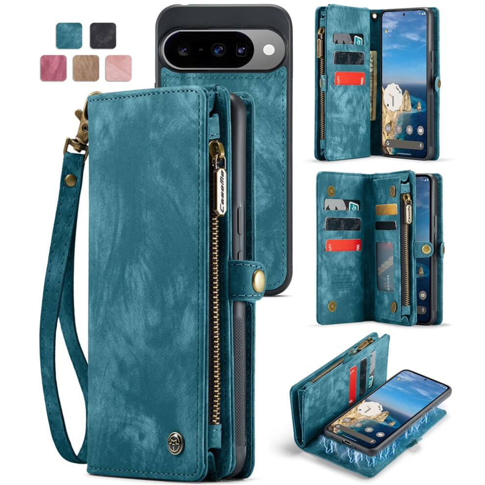 Caseme Leather Case For Google Pixel 10/10 Proâ2-In-1 Detachable Wallet, 8-Card Holder, Zipper Bills Slot, Magnetic Shockproof Flip Cover, Blue 9193271861324