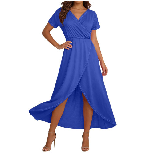 Abito lungo da donna blu royal con scollo a V e maniche corte,