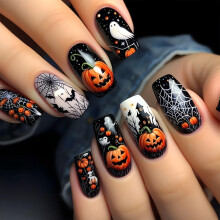 24 stuks korte vierkante plaknagels met schattige designs – Volledig dekkende plaknagels, Halloween nagelkunst DIY voor vrouwen, geschikt voor