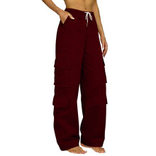 Calça Jogger Cargo Feminina, Perna Larga, Leve, Vermelha, Tamanho M