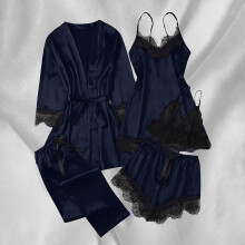Dame elastisk sateng stilig pysjamassett med lange ermer og lett 5-delt loungewear