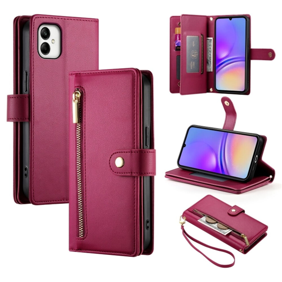 Leather Wallet Case For Samsung Galaxy A05 Â Multi-Card Slots, Zipper Pocket, Lanyard Strap, Wristlet, 6.5" Red 9418476722882