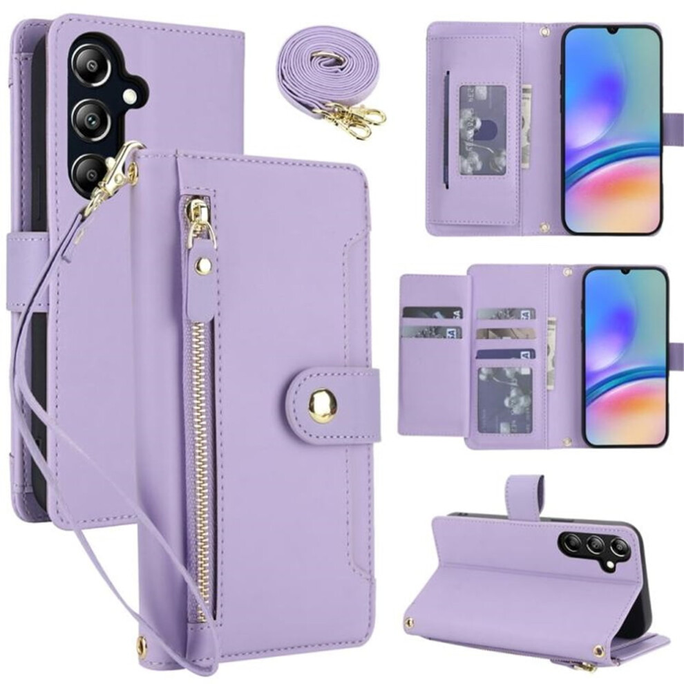 Rfid Blocking Wallet Case For Samsung Galaxy A05s (6.7"), Â Shockproof, Multi-Card Slots, Zipper Pocket, Detachable Shoulder & Wrist Straps Purple 9193271862222