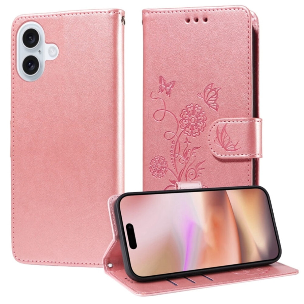 Embossed Butterfly Flower Leather Phone Case For Compatible With Iphone 16 PlusâShockproof, Kickstand, Card Slots & Cash Compartment. Pink 9418476724145