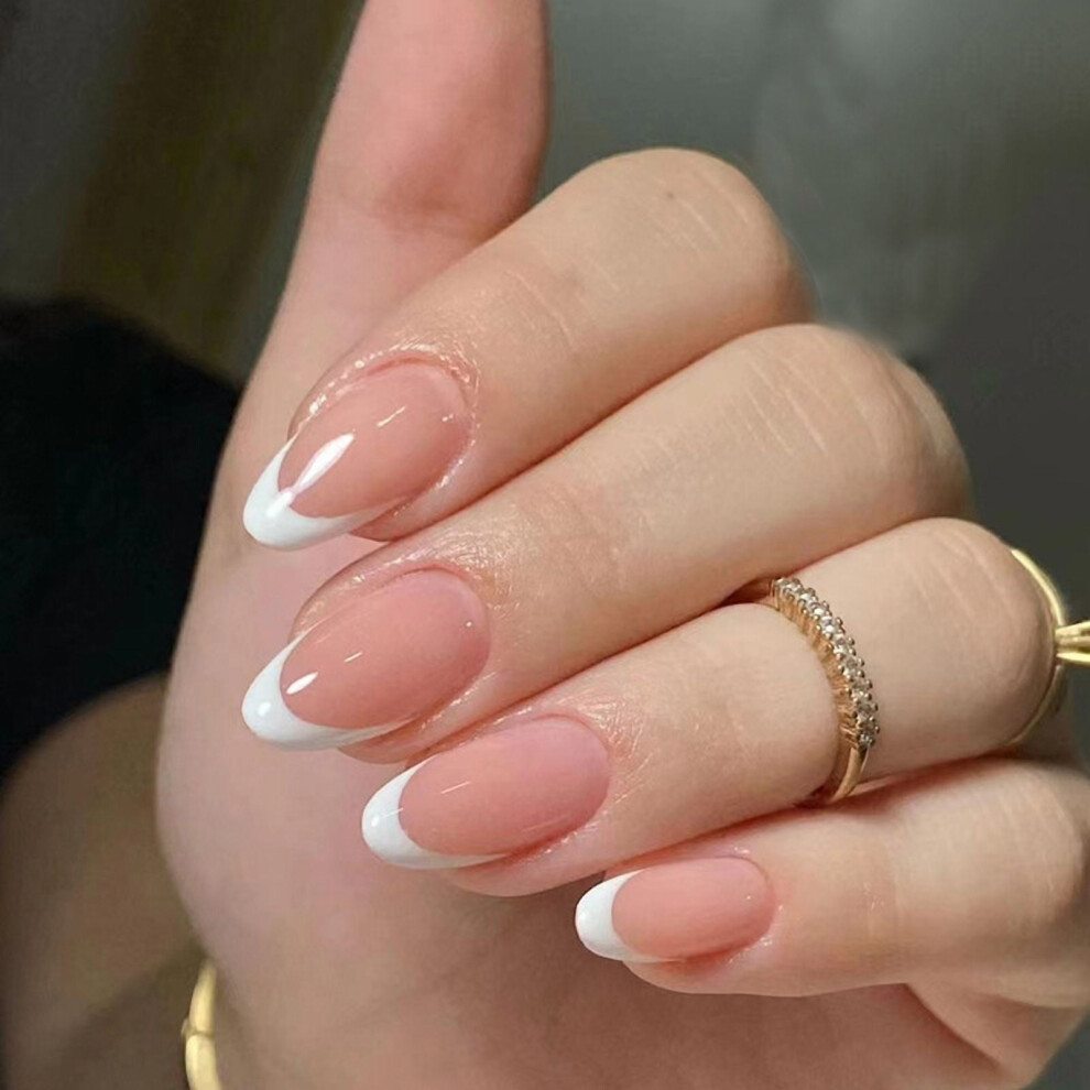 Press on Nails Medium Almond Fake Nails French Tips False Nails 24 pcs Stick on Nails for Women