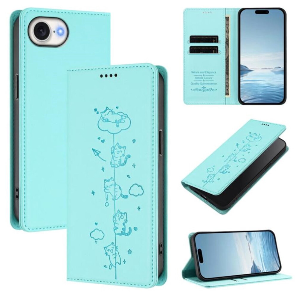 Leather Flip Wallet Case For Compatible With Iphone 16E Â Rfid Blocking, Cats Embossed, Magnetic Closure, Card Holder Green 9152228563100