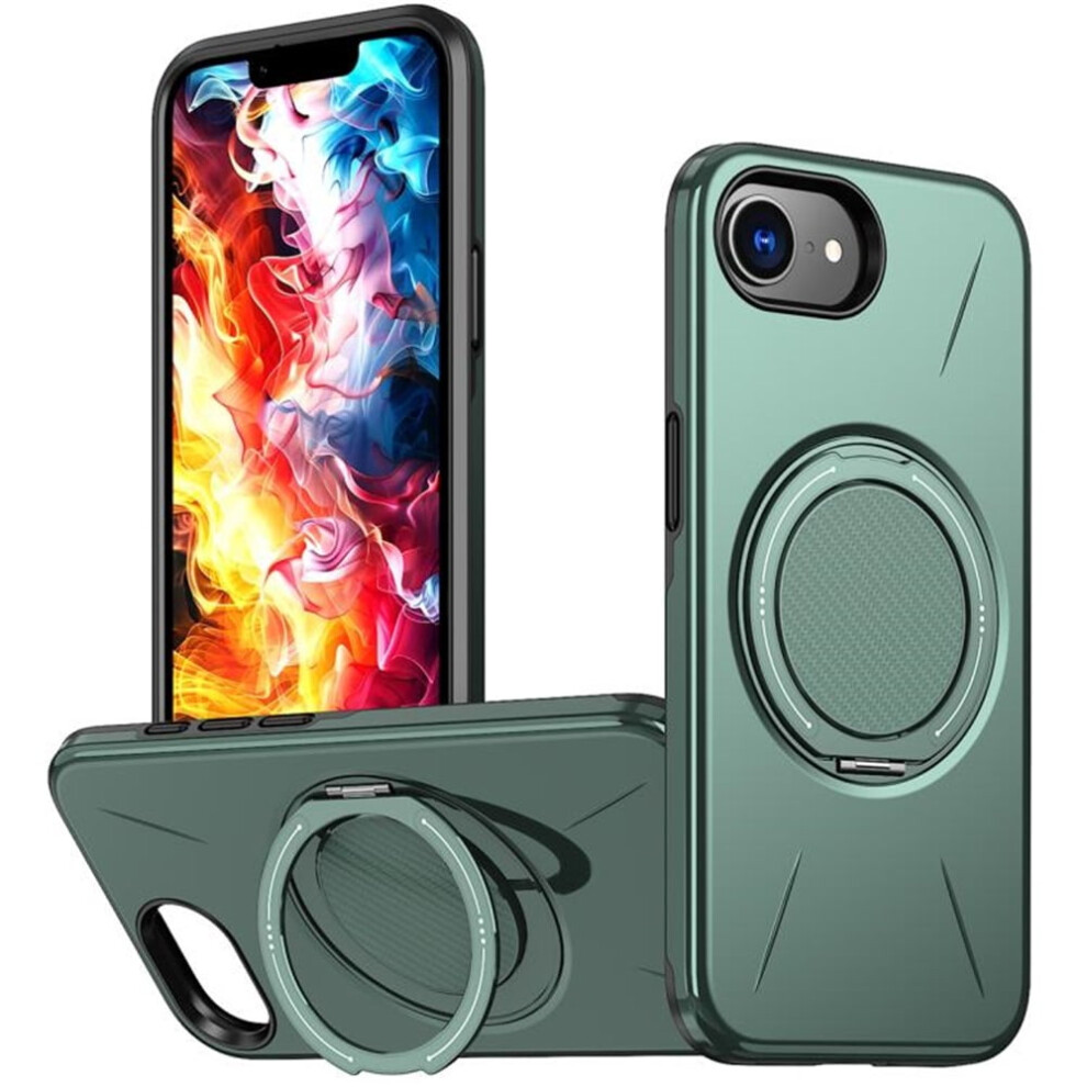 Ultra Slim Hybrid Tpu+Pc Case For Iphone 16E: Magsafe Compatible, Metal Rotating Holder, Military Shockproof, Green 9193271863182