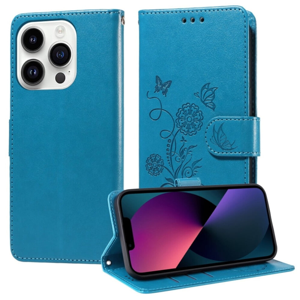 Embossed Butterfly Flower Flip Leather Case For Iphone 13 Pro MaxâShockproof, Kickstand, Card Slots & Cash Compartment Blue 9418476725210