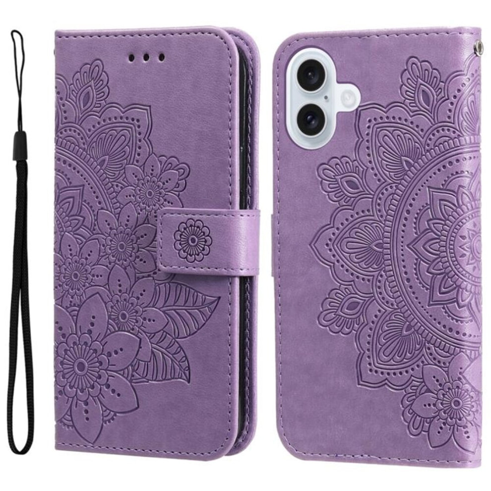 Pu Leather Flip Wallet Case For Iphone 17 (6.3") Â Strong Magnetic Closure, Card Slots, Hanging Rope, Seven Petal Flower Embossed Purple 9152228561243