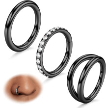3pcs Nose Hoops – 316L Surgical Steel Double Hoop Nose Rings, 14G-20G, Hinged CZ, Septum/Clicker/Cartilage, 7-10mm, compatible with most nose