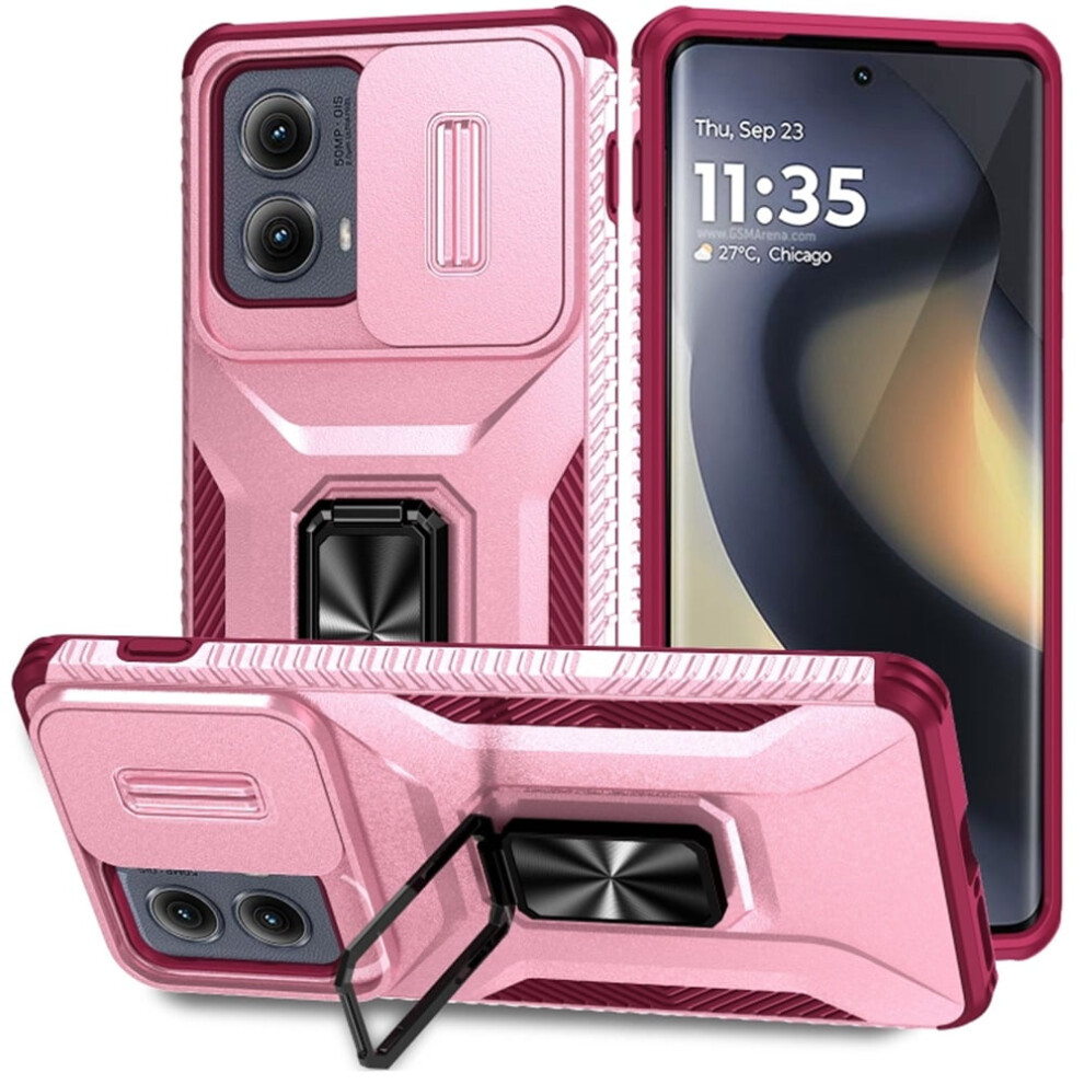 Slim Fit Shockproof Hybrid Case For Motorola Edge 5G 2024 (6.6"), With Slide Camera Cover & Rotated Ring Kickstand, Military-Grade, Compatible Pink 9130661958653