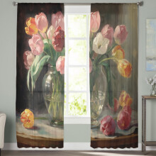 Sheer Curtains 52"x72", Pink Tulip Flower Design, Light Filtering Voile Drapes with Rod Pocket – 2 Panels