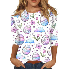 Dames top met paashaasprint, 3/4 mouwen en ronde hals, maat S-3XL