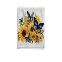 Serviette Ă mains en coton avec papillons bleus et tournesols, 39,4 x 75 cm