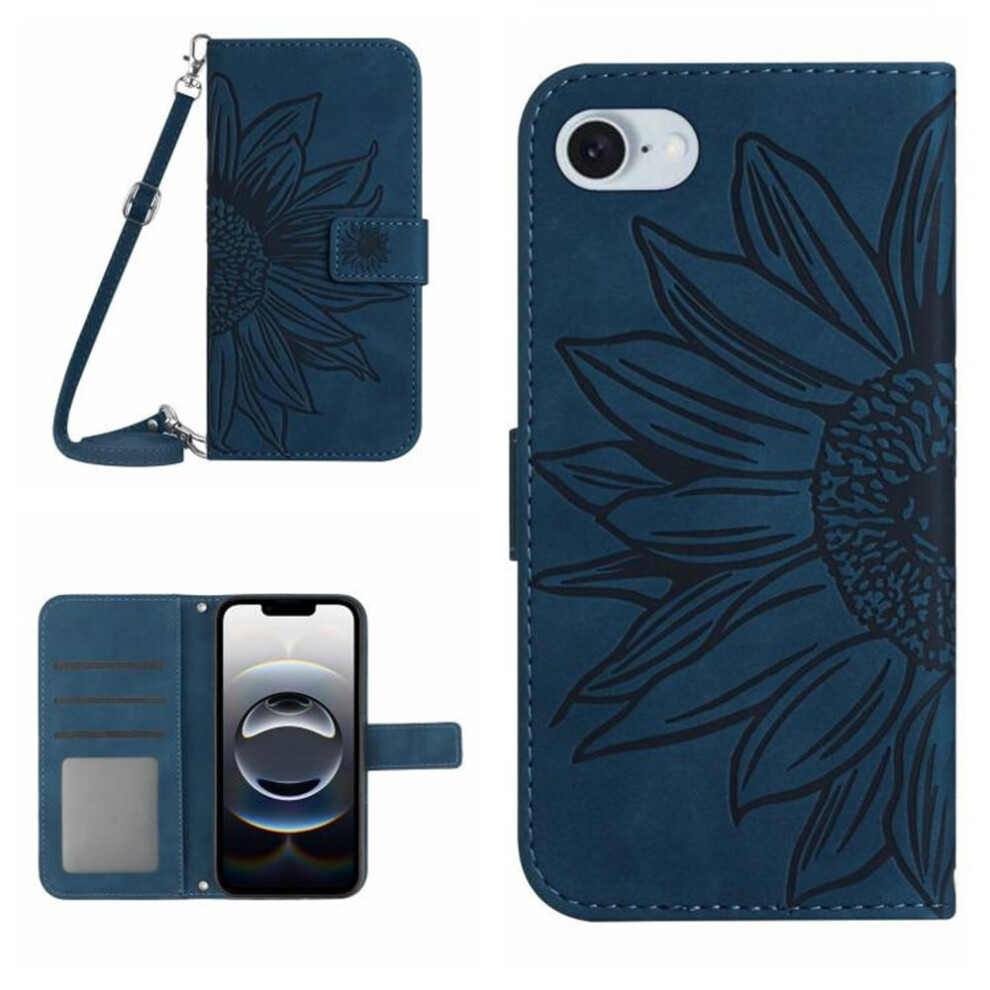 Sunflower Embossed Pu Leather Flip Wallet Case With Magnetic Closure, Card Slots & Hanging Rope, Â Compatible With Iphone 16E Blue 9152228561809