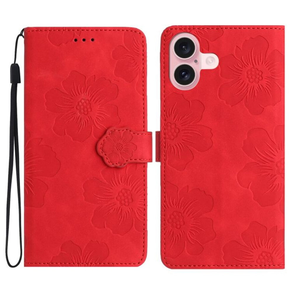 Flower-Embossed Leather Flip Wallet Case For Iphone 16: 3-Card Holder, Magnetic Closure, Detachable Wrist Strap, Shockproof Â Red 9152228560598