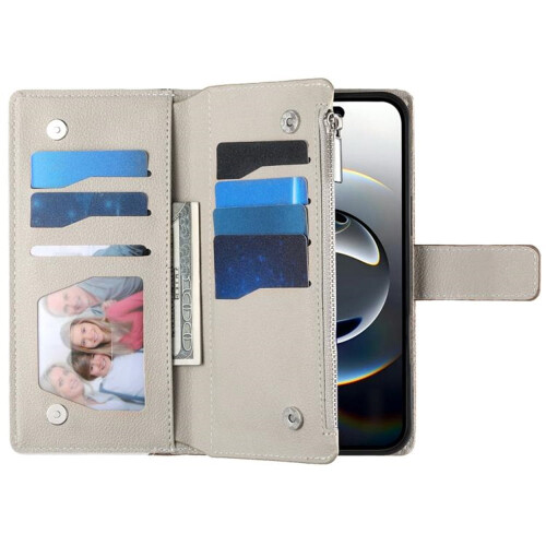 Capa carteira flip em couro PU para iPhone 16 de 6,1 polegadas com fecho magnético, vários compartimentos para cartões, bolso com zíper e cordão 2