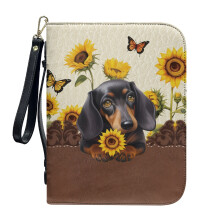 Dachshund Butterfly Sunflower PU Leather Bible Case for Large Bibles – Compatible with XL Bibles, Detachable Wristlet Strap
