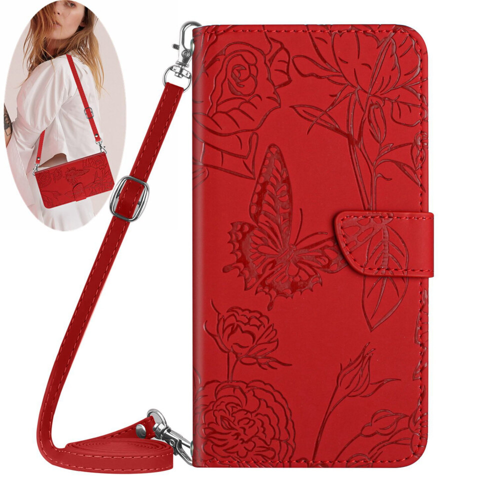 Crossbody Wallet Phone Case Compatible With Samsung Galaxy S20 Â Pu Leather Butterfly Embossed Magnetic Folio With Stand, Strap & Wristlet Red 9130661960861