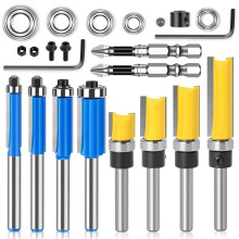 23pcs Tungsten Carbide Flush Trim Pattern Router Bit Set with Bearing Milling Cutter for Wood Woodworking End Mill