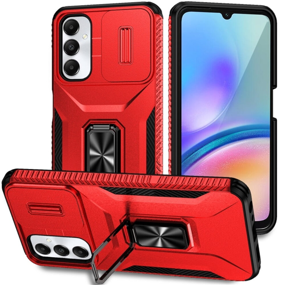 Slim Fit Shockproof Hybrid Case For Samsung Galaxy A05s 6.7", With Slide Camera Cover & Rotated Ring Kickstand, Military-Grade, Red 9170372169115