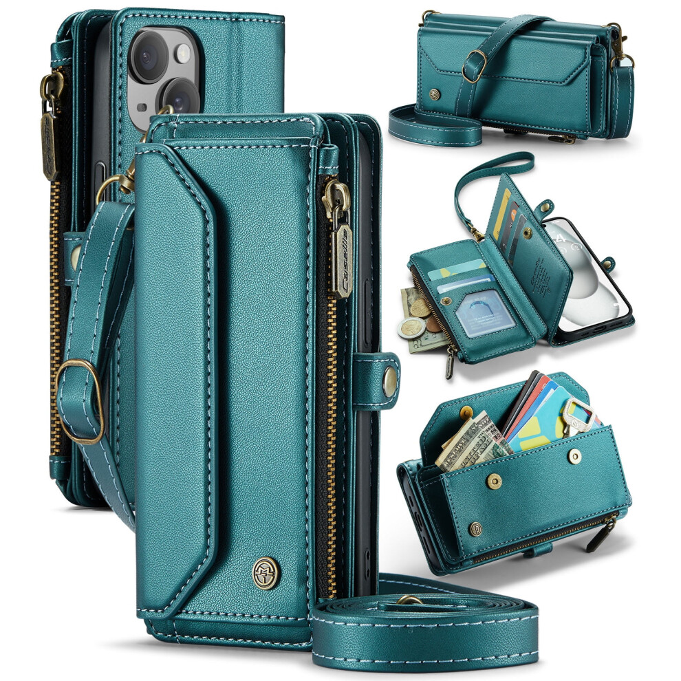 Caseme Leather Wallet Case For Iphone 15 6.1-InchâRfid Blocking, 7-Card Holder, Zipper Bills Slot, Magnetic Wrist Strap, Green 9165521673018
