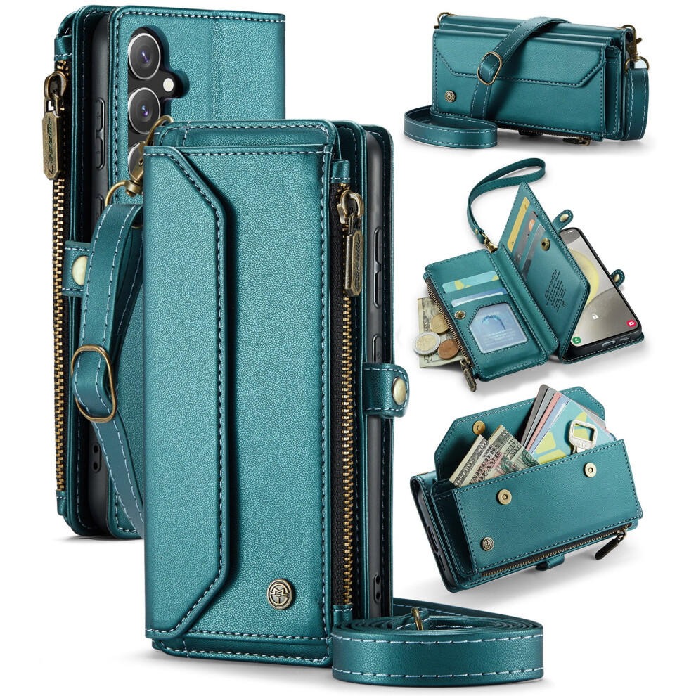 Caseme Leather Wallet Case For Compatible With Samsung Galaxy S24 6.2" Â Rfid Blocking, 7-Card Holder, Zipper Bills Slot, Magnetic Wrist Strap 9170372173051