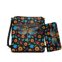 Umhängetaschen-Set mit Libellenmuster und Blumenmuster für Damen – Hobo-Tasche aus Leder mit Geldbörse, mehreren Fächern und verstellbarem