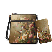Geantă de damă din piele cu imprimeu de bujor Hummingbird, set de portofel și ghiozdan crossbody, poșetă hobo cu mai multe buzunare și curea