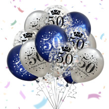 Lateksballonger, konfettiballonger, 12-tommers 50-års bursdagsballonger, marineblå, sølv, for jubileumsfestdekor, luft- eller heliumfyllbare,