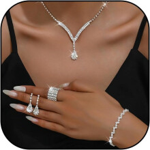 Hochzeitsschmuck-Set für Bräute und Brautjungfern: Silberne Strass-Halskette, Ohrringe und Armband – festlicher Schmuck, Kostümschmuck,