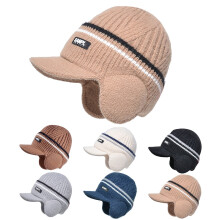 Căciulă de iarnă pentru bărbați, căptușită cu fleece, tricotată, cu vizieră, căptușită cu urechi, șapcă de schi