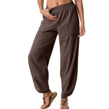 Modische, einfarbige, lässige Cropped-Hose für Damen mit Taschen, Kaffeebraun, Größe M