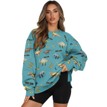 Bluza damska z nadrukiem dinozaura, oversize, z okrągłym dekoltem, długa