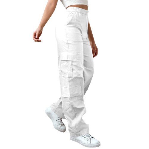 Calça cargo feminina com cintura alta elástica e leve.