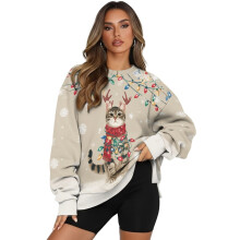 Bluza damska oversize z nadrukiem świątecznym i kotem, rozmiar M