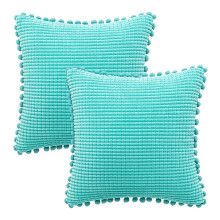 Housse de coussin décorative en velours côtelé 45 x 45 cm, rayures bohèmes double face avec bordure à pompons et fermeture éclair invisible,