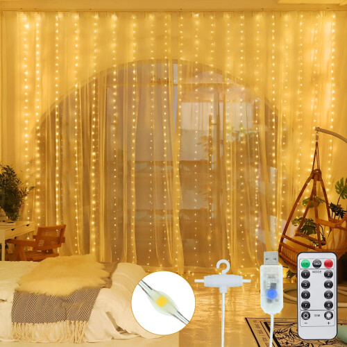 USB Powered Curtain Lights for Bedroom, LED Fairy Lights with Low Voltage and Remote Control, Dimmable Timer Function String Lights, Waterproof