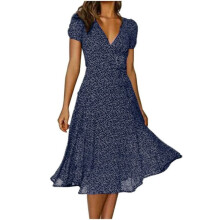 Lässiges Sommerkleid für Damen, geblümtes A-Linien-Boho-Kleid mit Wickel-V-Ausschnitt und Bindegürtel, leichtes, dehnbares Kurzarm-Sommerkleid
