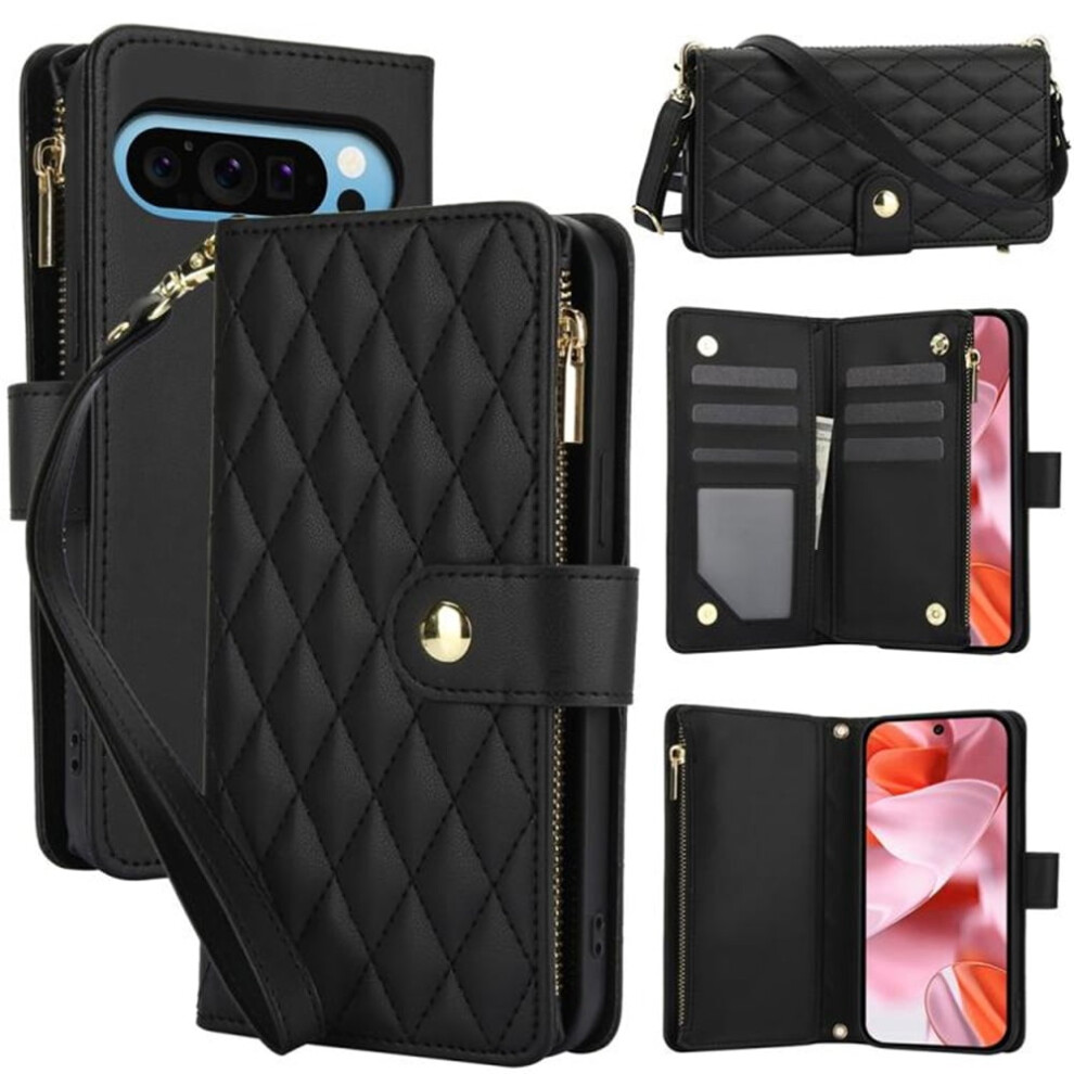 Rfid-Blocking Flip Wallet Case For Google Pixel 9 / 9 Pro Â 3-Card Slots, Kickstand, Wrist Strap, Zipper, Black 9152228572249