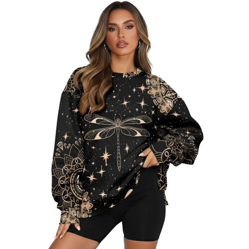 Pullover-Top mit Libellen-Blumenmuster für Damen, Herbst, Rundhalsausschnitt
