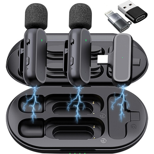 Microfone de lapela com redução de ruído para iPhone e Android, microfone de lapela sem fio com conexão de longo alcance e captação simultânea