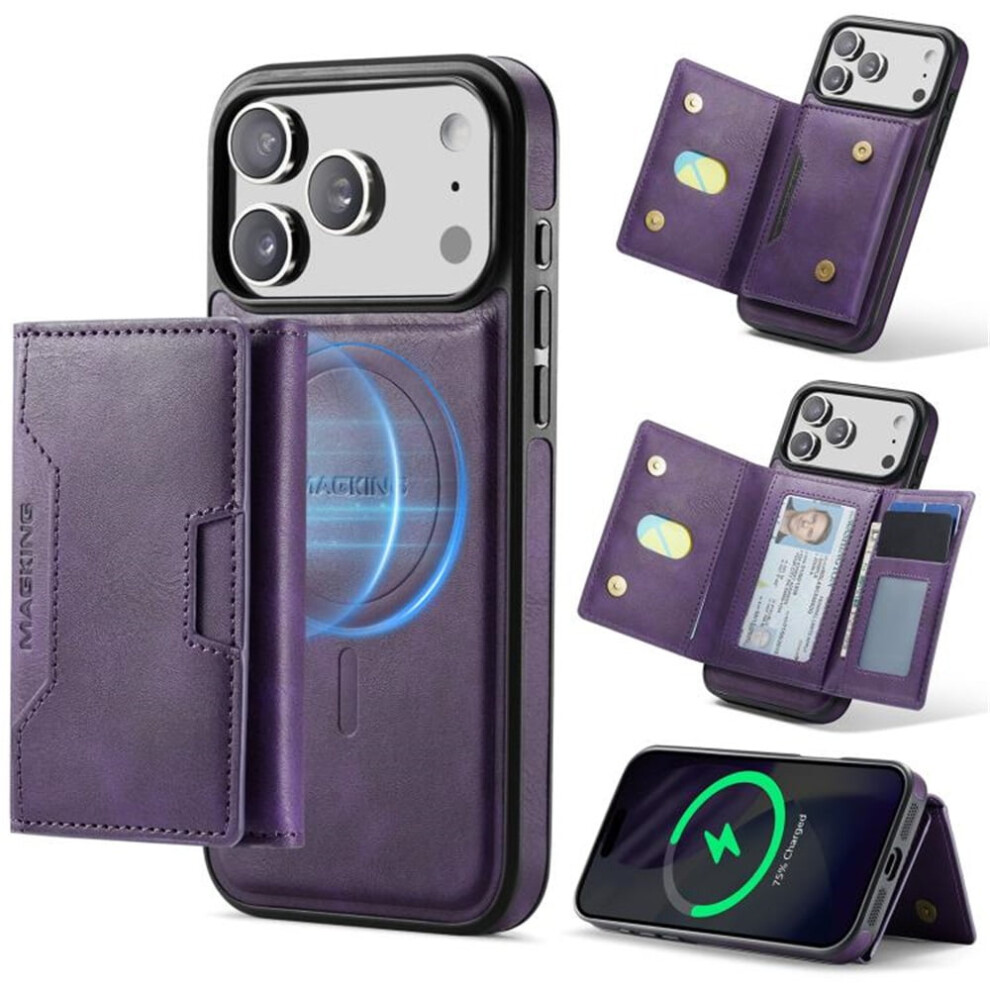 Rfid-Blocking Leather Case For Iphone 17 Pro 6.3" Â Magsafe, 7-Card Slots, Kickstand, Flip & Shockproof, Purple 9418476727689