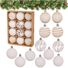 12PCS 2.38" Flocked Velvet Christmas Ornaments (6 Styles, White) – Plastic Xmas Tree Balls, Compatible with Standard Tree Hooks