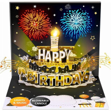 Age Birthday Card Fireworks Pop-up Cake Lights and Music Black Gold Happy Birthday Card Gift for Husband, Men, Women, Mom, Grandma