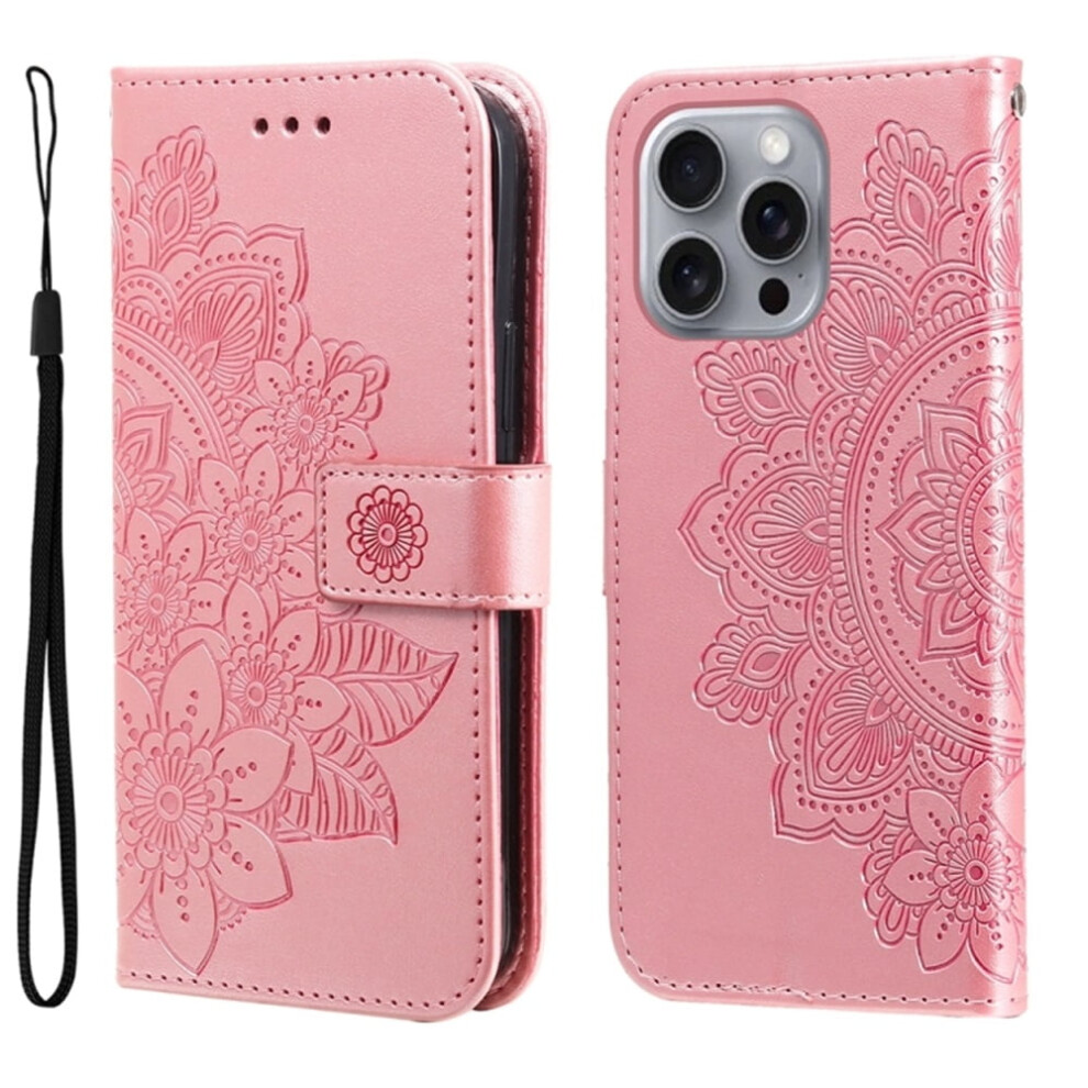 Pu Leather Flip Wallet Case For Iphone 16 Pro 6.3" Â Magnetic Closure, Card Slots, Hanging Rope, Seven Petal Flower Embossed (Compatible With Pink 9193271868163