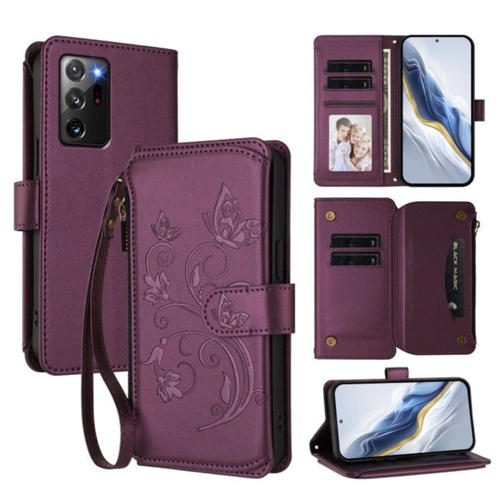 Magnetic Clasp Flip Stand Case For Compatible With Samsung Galaxy Note20 Ultra Â Dark Lanyard, 5-Card Holder, Butterfly Flower Zipper Wallet Purple 9193271869306