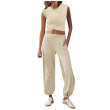 Women's 2 Piece Set Summer Outfits Lounge Sets Ruched Short Sleeve Tops High Waisted Wide Leg Pants Tracksuit Sets Beige, S