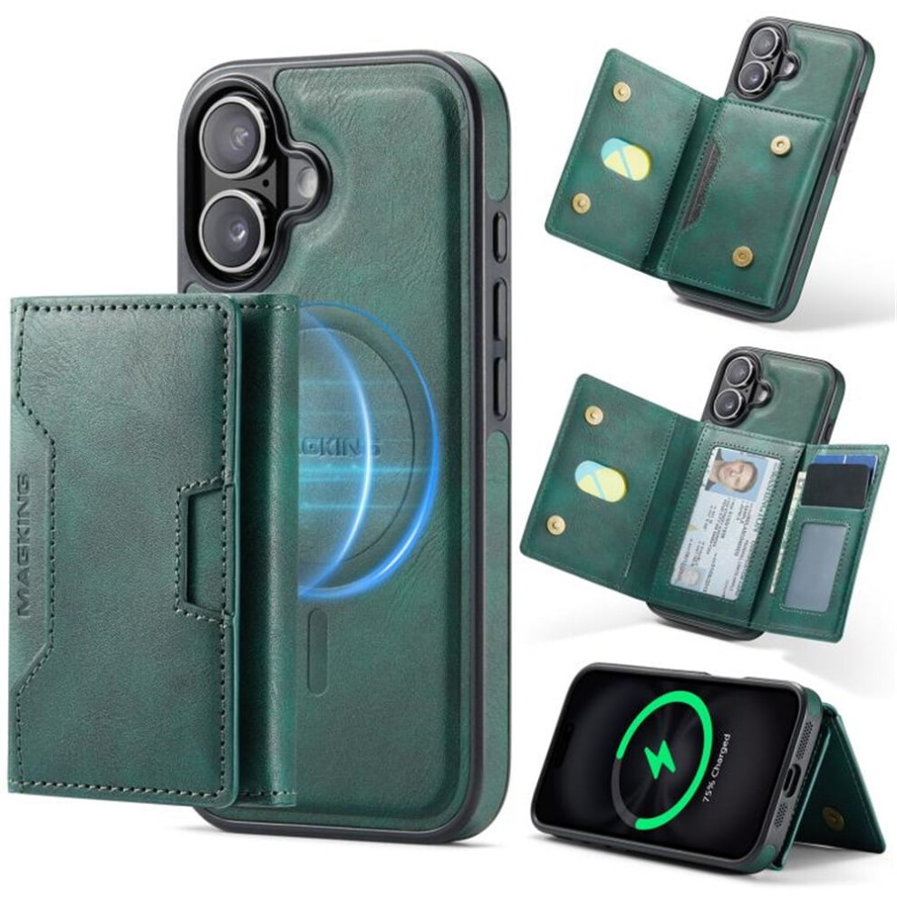 Rfid-Blocking Leather Flip Case For Iphone 16 (6.1") Â Magsafe, 7-Card Slots, Kickstand, Shockproof, Green 9193271868835