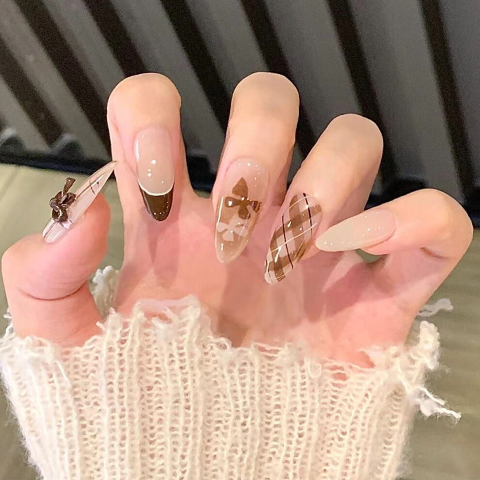 Press on Nails Medium Almond Fake Nails French Tips False Nails 24 pcs Stick on Nails for Women
